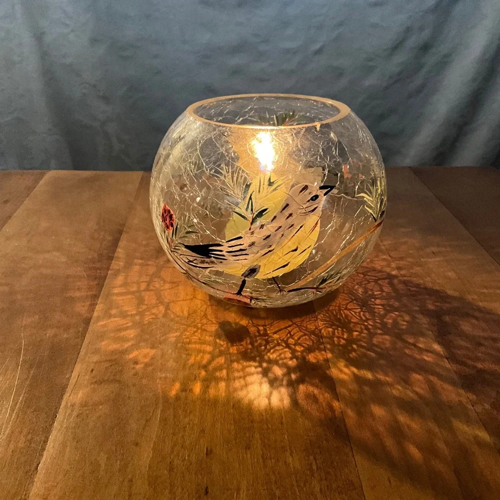 Fifth Avenue Crystal Hand Painted Crackle Glass Golden Finch‎ Candle Holder
